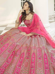 Tremendous Pink Thread Embroidered Silk Bridal Lehenga Choli