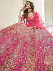 Tremendous Pink Thread Embroidered Silk Bridal Lehenga Choli