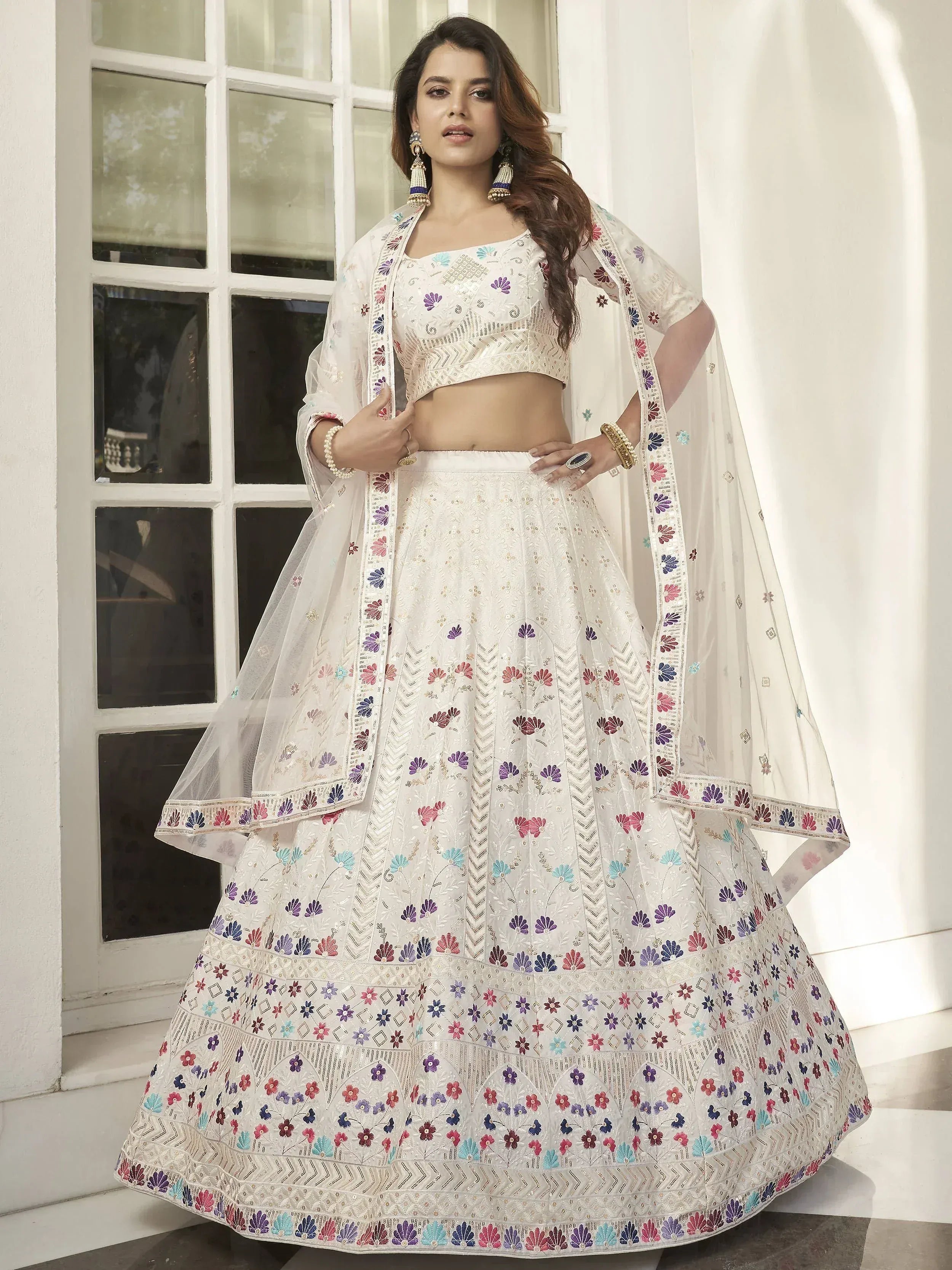 White floral embroidered lehenga choli with dupatta, Indian ethnic wear for women