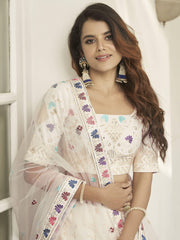 Impressive White Thread Embroidered Silk Party Wear Lehenga Choli