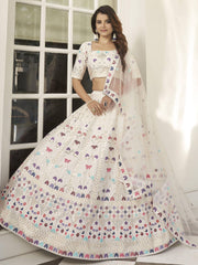 Impressive White Thread Embroidered Silk Party Wear Lehenga Choli