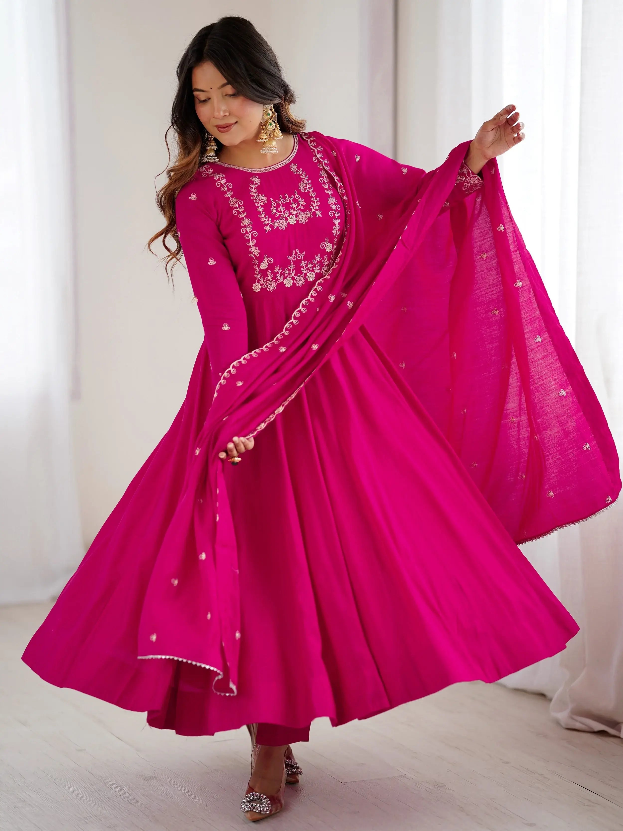 Glowing Pink Beads Work Chanderi Silk Festival Wear Anarkali Suit