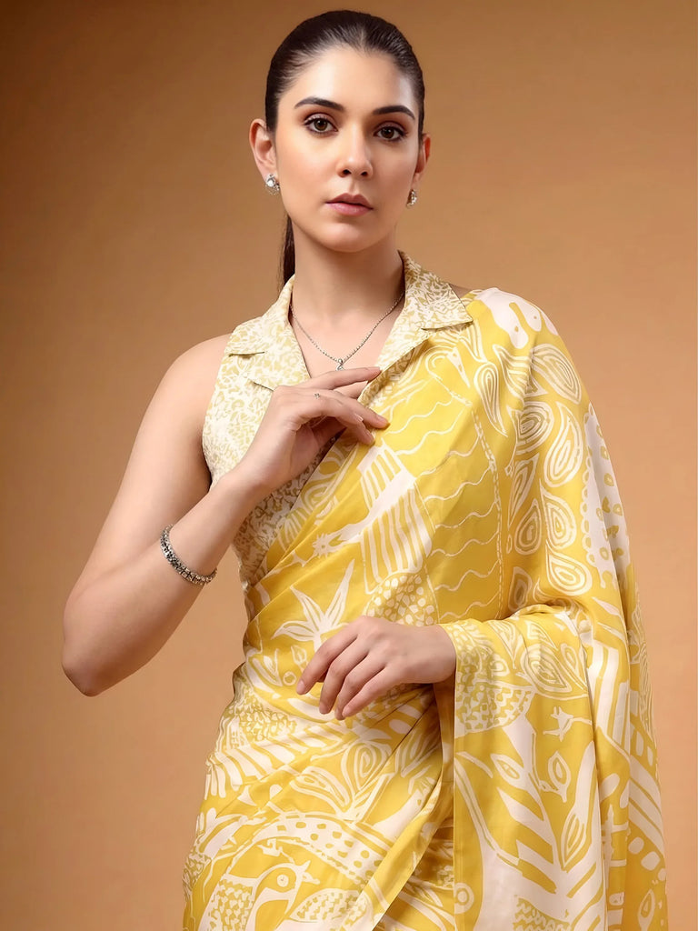 Enchanting Yellow Printed Satin Haldi Wear Saree With Blouse