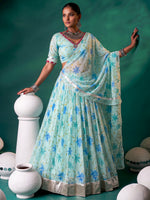 Magnetic Sky Blue Floral Printed Silk Festive Wear Lehenga With Blouse