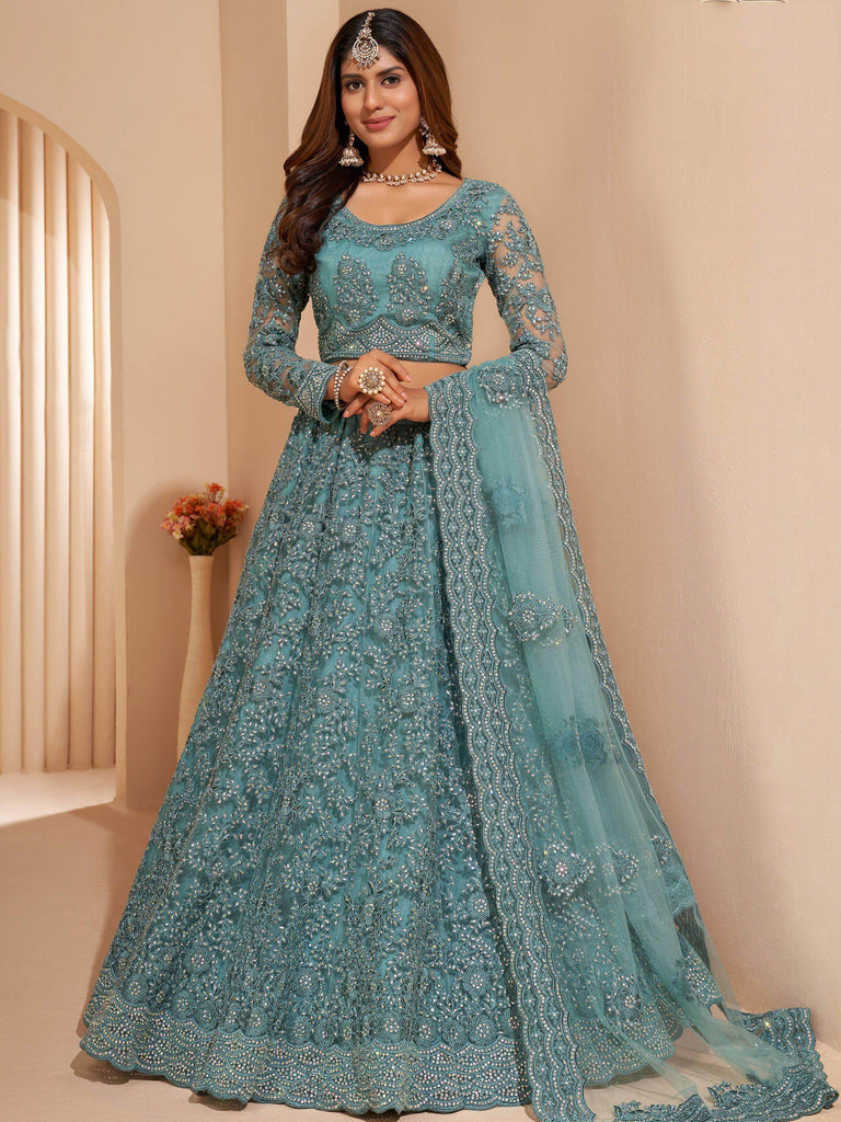 Impressive Sky Blue Cording Work Net Wedding Wear Lehenga Choli