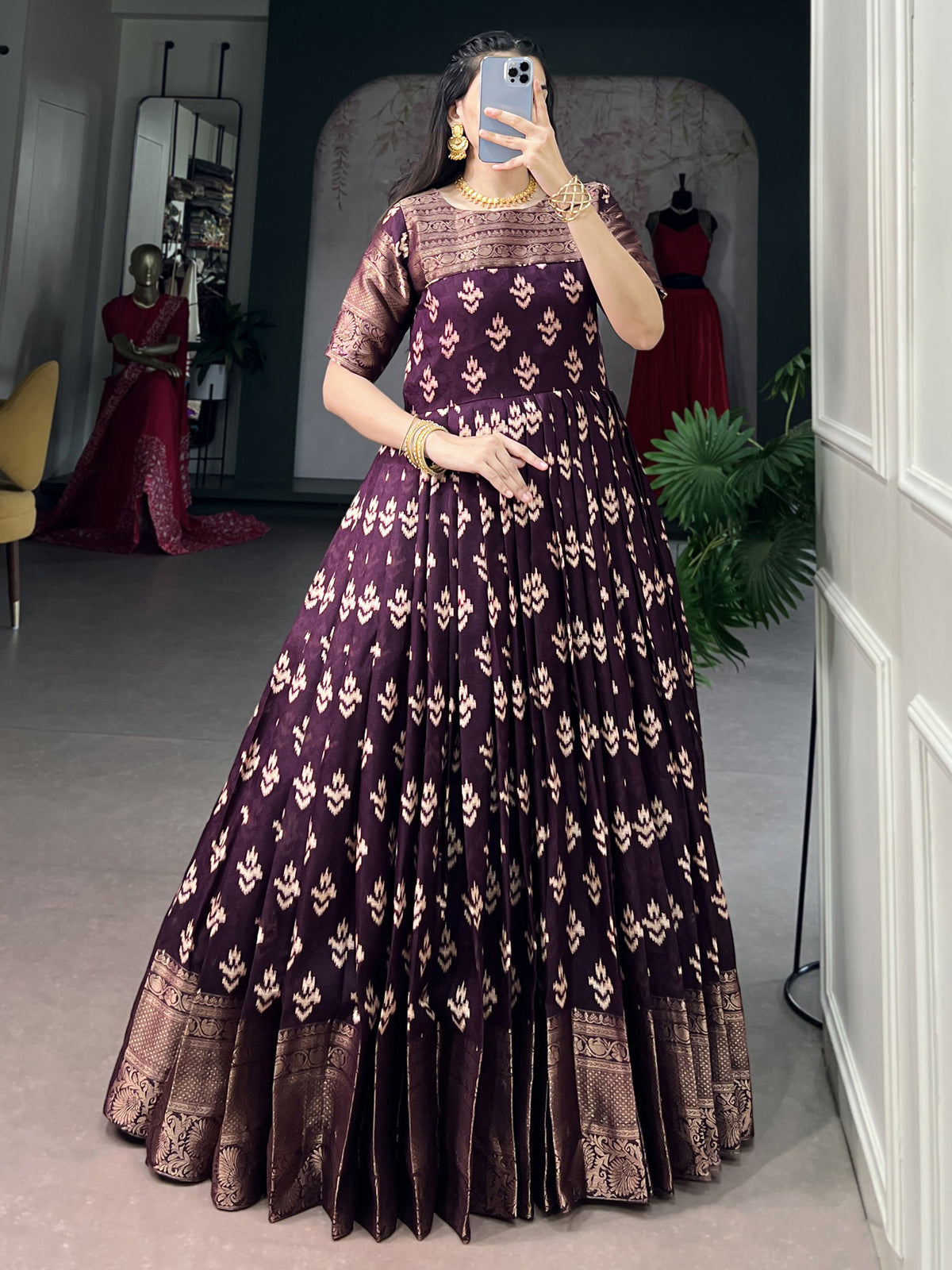 Captivating Wine Zari Weaving Cotton Traditional Gown