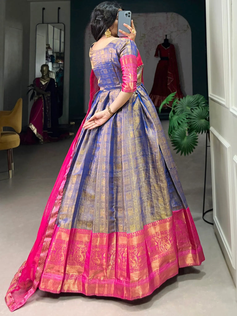 Timeless Blue Zari Weaving Silk Festive Wear Gown With Dupatta