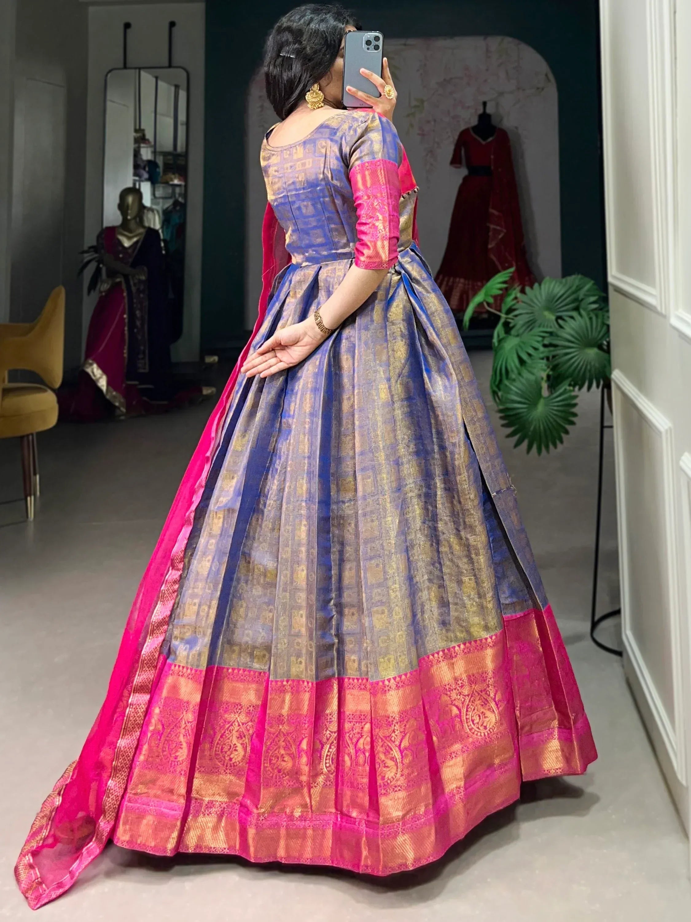 Timeless Blue Zari Weaving Silk Festive Wear Gown With Dupatta