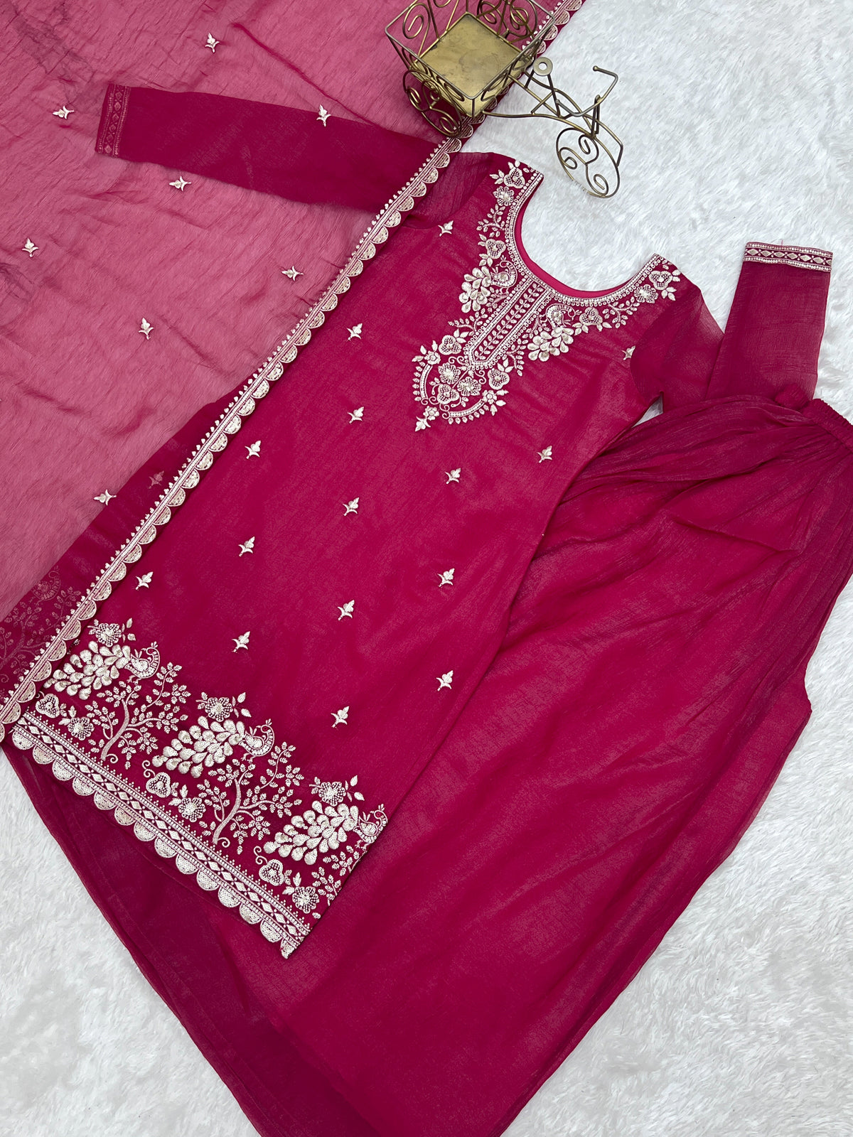 Pretty Hot Pink Embroidered Silk Engagement Wear Sharara Suit
