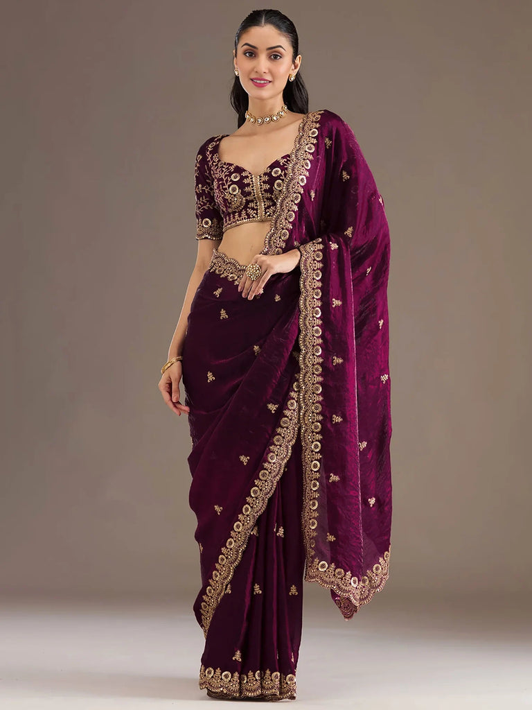 Stunning Wine Embroidered Silk Reception Wear Saree With Blouse