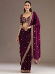 Stunning Wine Embroidered Silk Reception Wear Saree With Blouse