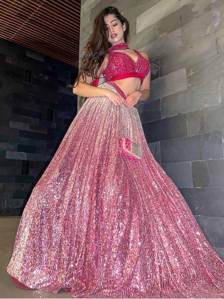 Astonishing Pink Shaded Sequins Silk Party Wear Lehenga Choli