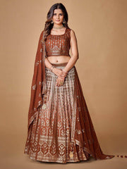 Impressive Brown Sequined Georgette Cocktail Party Lehenga Choli