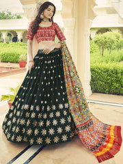 Spectacular Dark Green Sequins Work Georgette Lehenga With Printed Dupatta