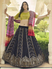 Delectable Navy Blue Sequins Work Georgette Lehenga With Printed Dupatta