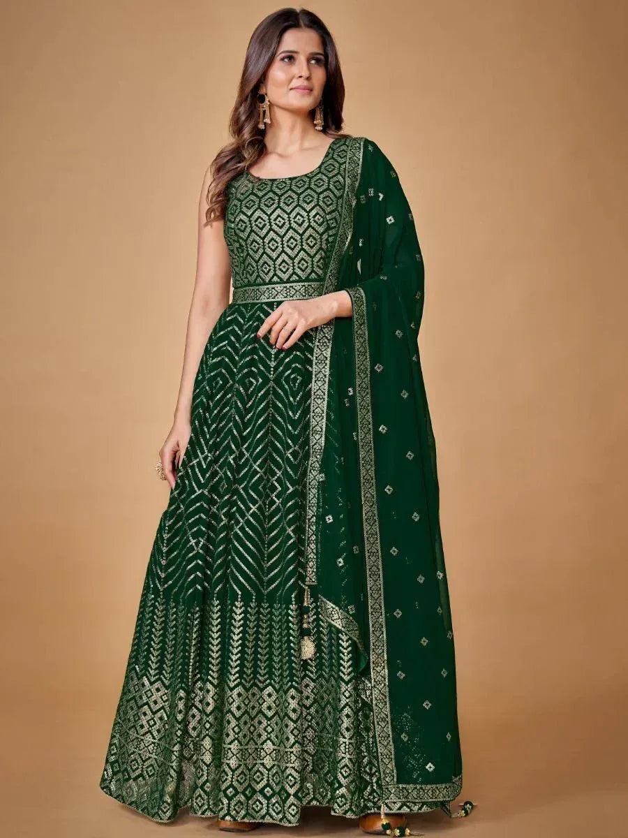 Emerald green ethnic anarkali gown with geometric embroidery and matching dupatta, perfect for Indian occasions.