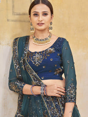 Remarkable Teal Blue Sequins Embroidered Net Party Wear Lehenga Choli