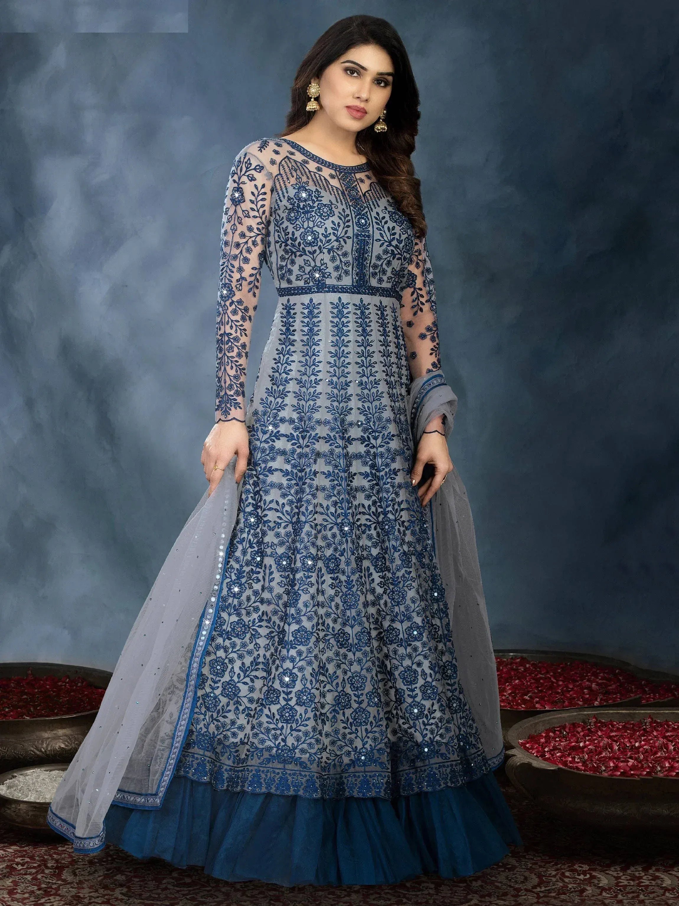 Blue embroidered anarkali suit with net overlay, perfect for Indian ethnic wear occasions