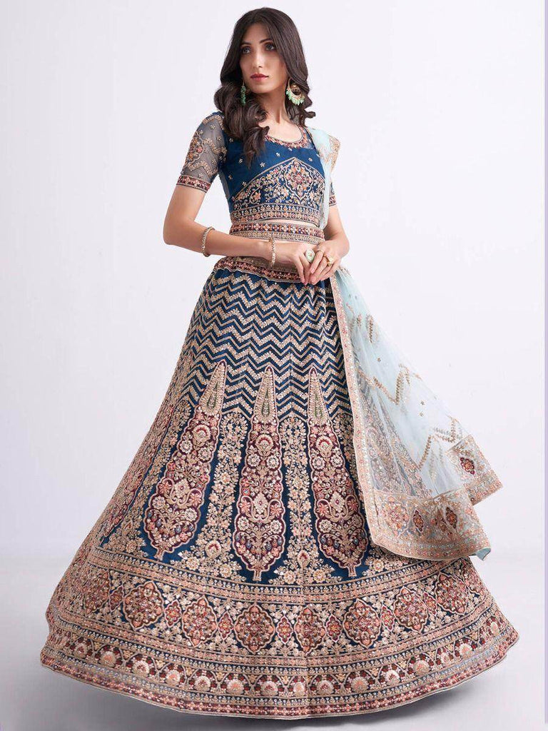 Pleasurable Persian Blue Cording Work Net Bridal Lehenga Choli