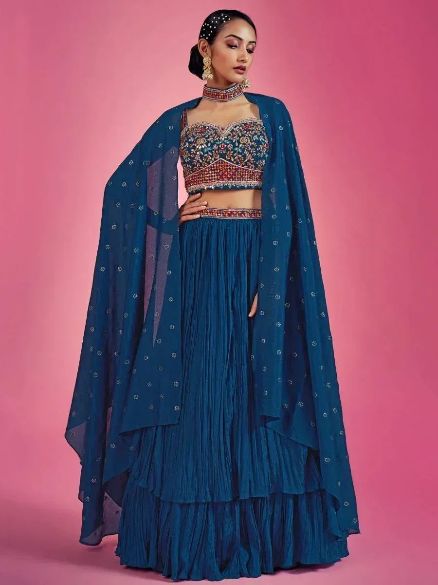 Blue embroidered lehenga choli with dupatta, Indian ethnic wear for women