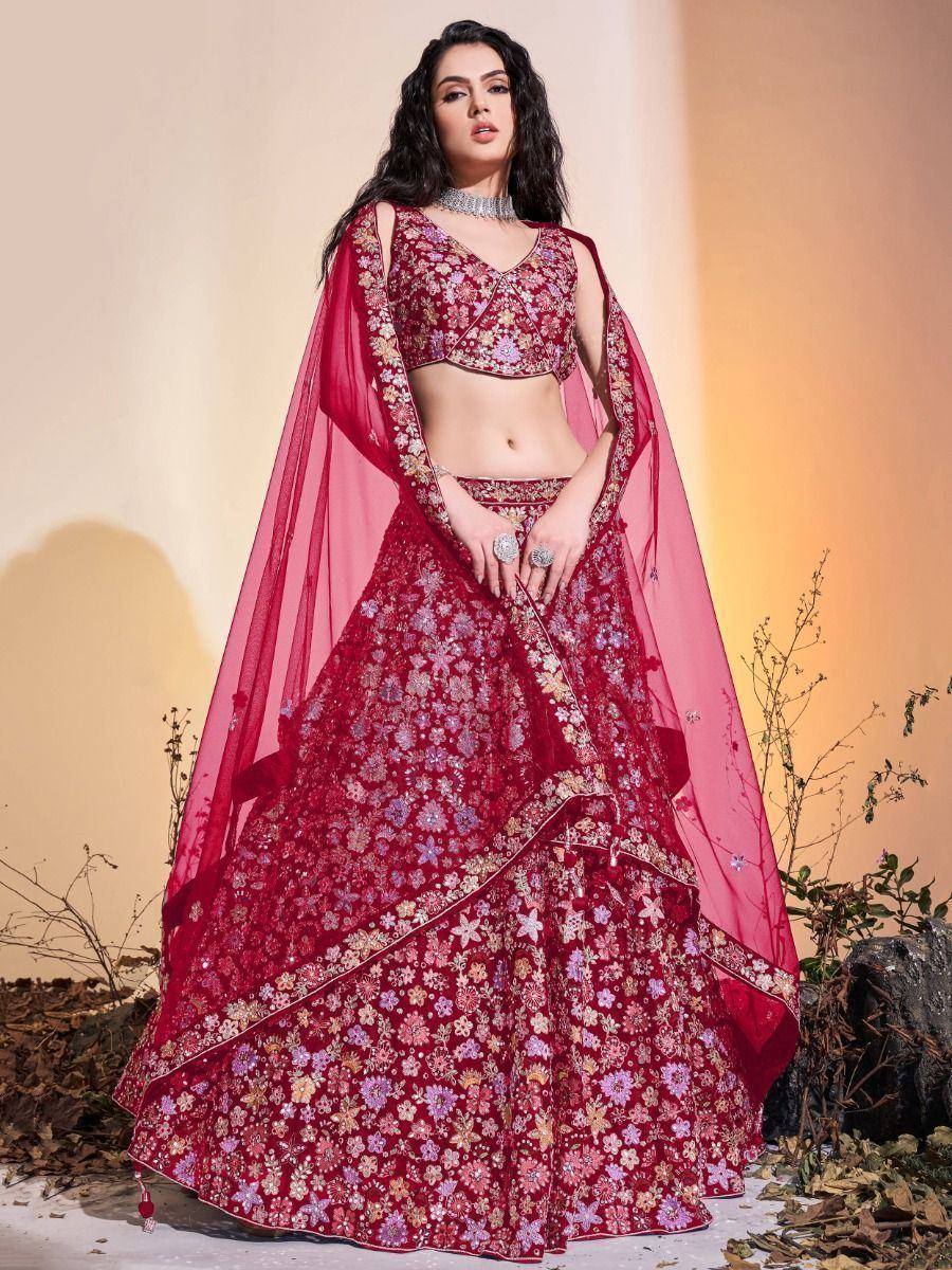 Red floral embroidered lehenga choli with sheer dupatta, Indian ethnic wear for weddings