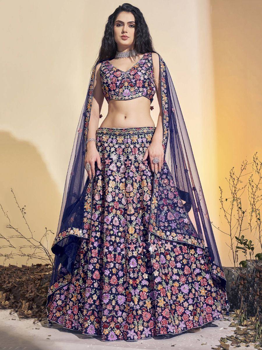 Floral print navy blue lehenga choli with sheer dupatta, ethnic Indian wear for women