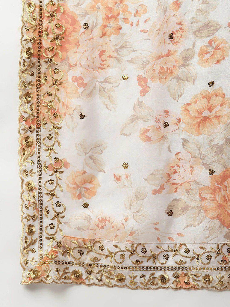 Off White & Peach-Coloured Embellished Sequinned Semi-Stitched Myntra Lehenga