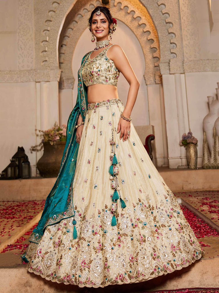 Alluring Cream Tissue Sequins Work Engagement Wear Lehenga Choli