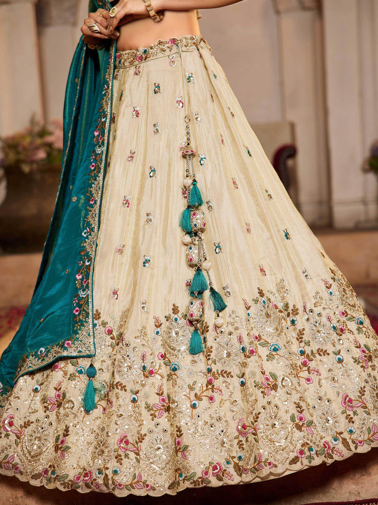 Alluring Cream Tissue Sequins Work Engagement Wear Lehenga Choli