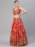 Red & Gold-Toned Embellished Sequinned Semi-Stitched Myntra Lehenga & Unstitched Blouse