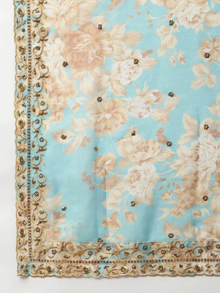 Blue & Peach-Coloured Embellished Sequinned Myntra Lehenga & Unstitched Blouse
