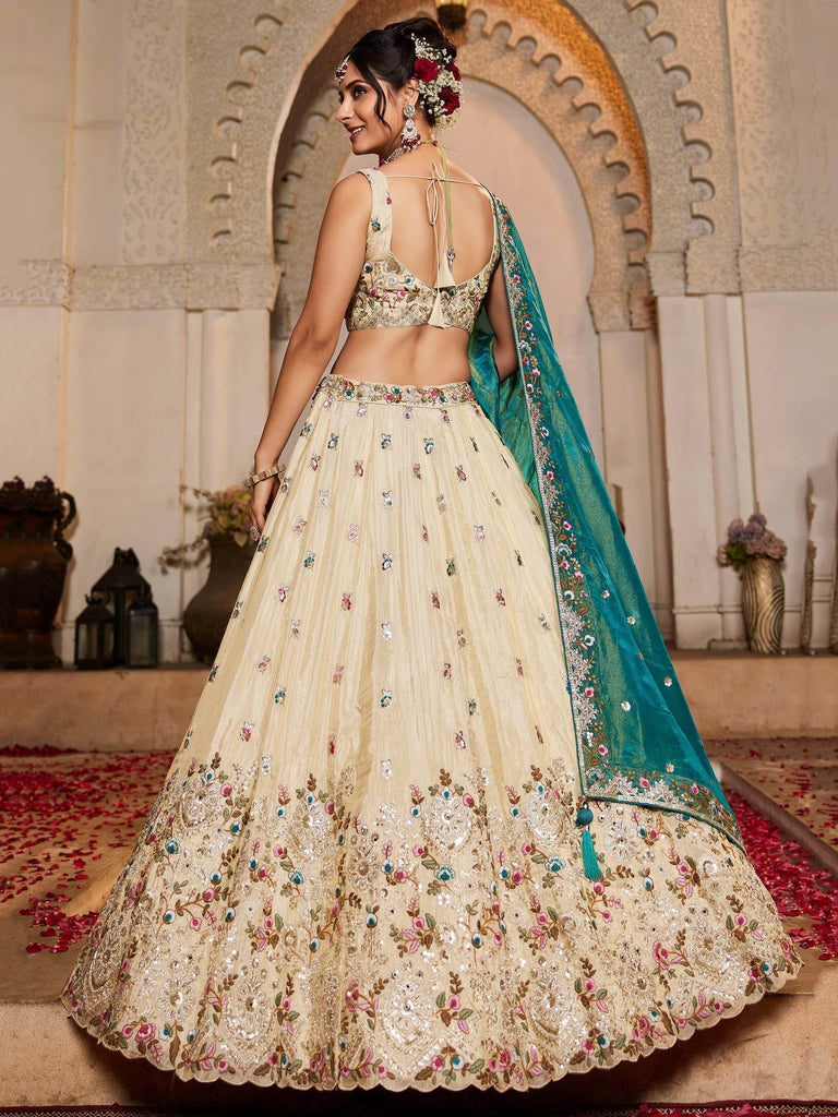 Alluring Cream Tissue Sequins Work Engagement Wear Lehenga Choli