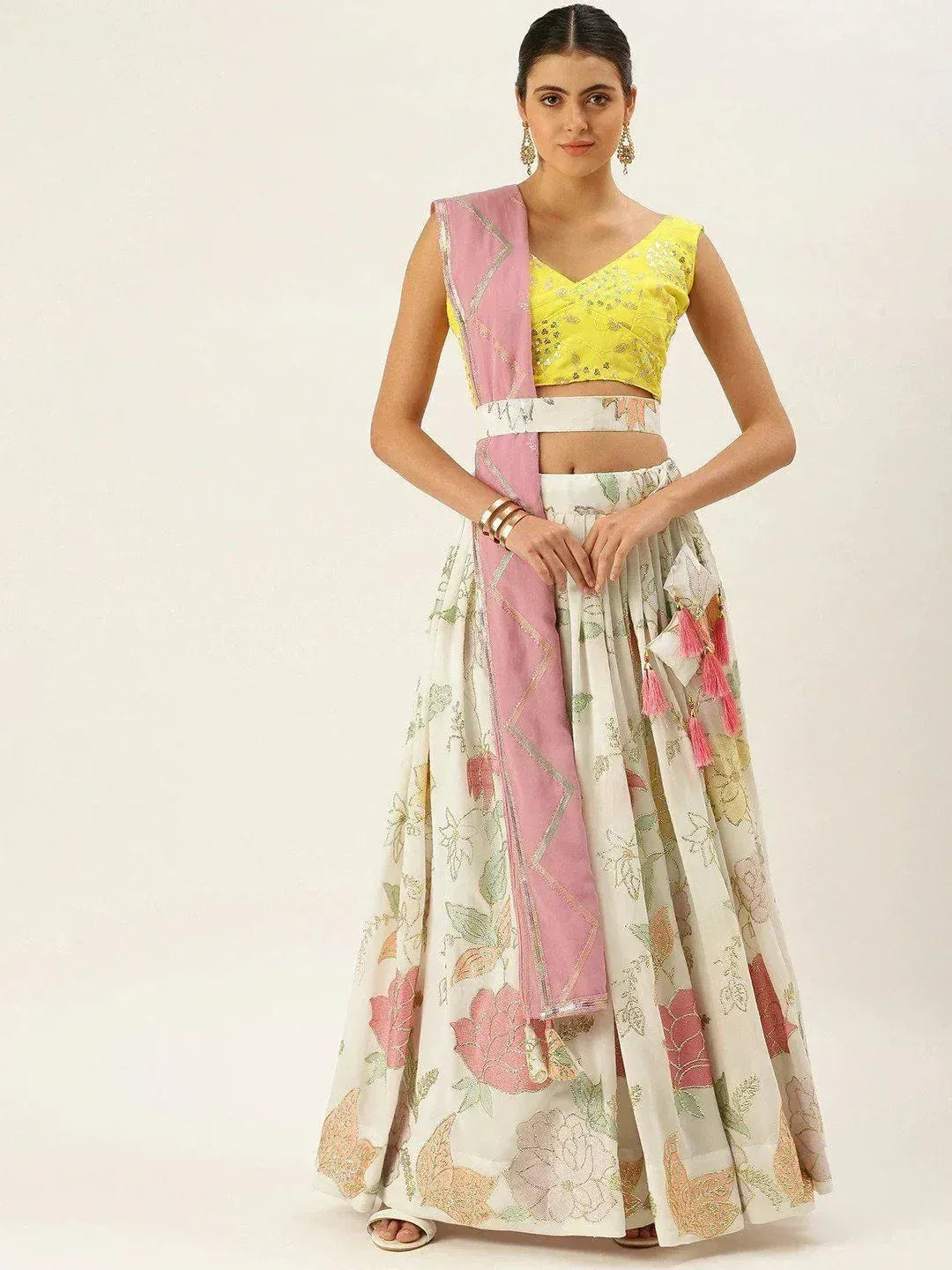 Yellow embroidered crop top with floral lehenga and pink dupatta, Indian ethnic wear
