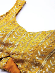 Mustard & Gold-Toned Embellished Sequinned Semi-Stitched Myntra Lehenga & Unstitched Blouse