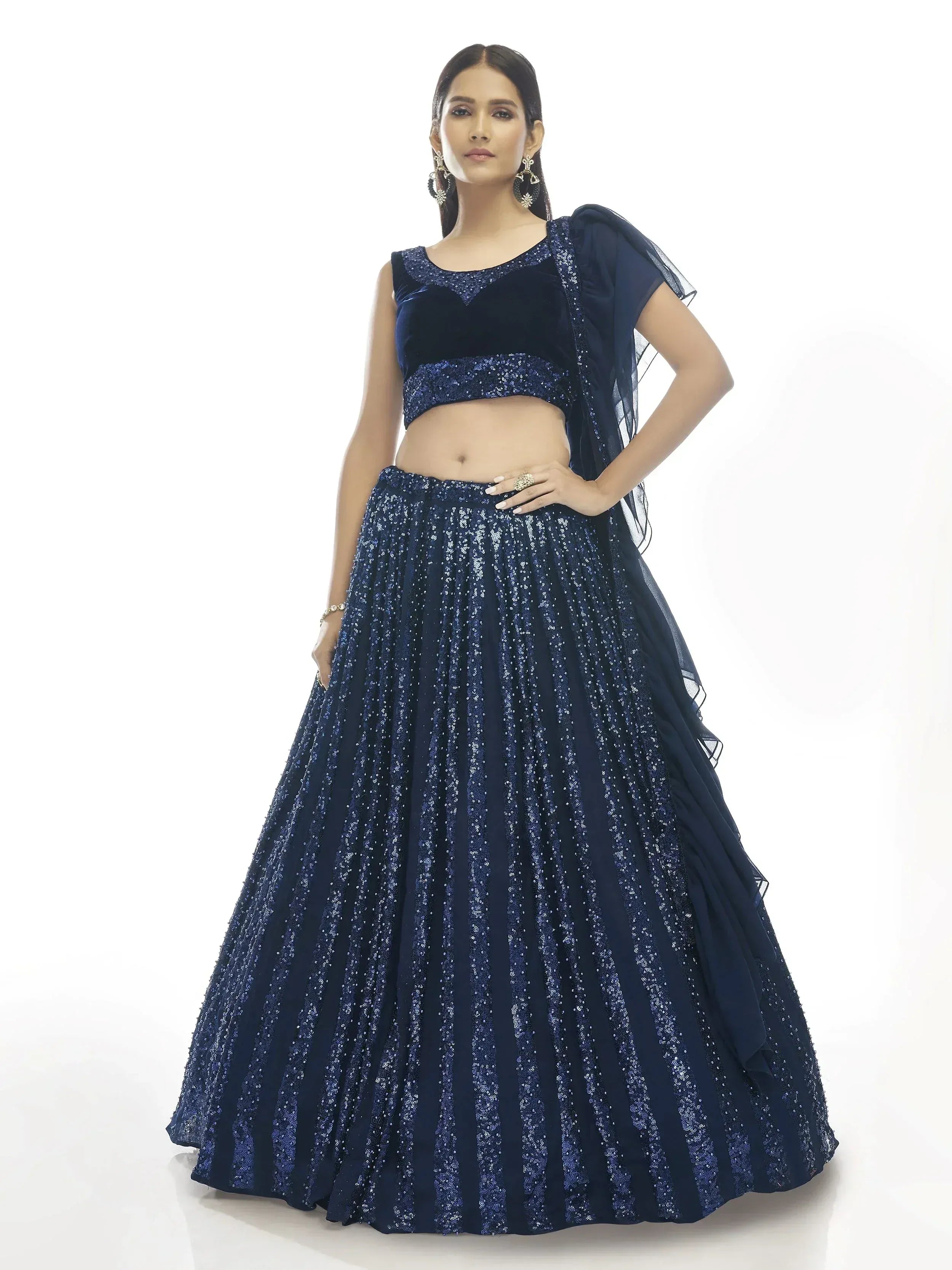 Navy blue sequin lehenga choli with velvet blouse and sheer dupatta, Indian ethnic wear