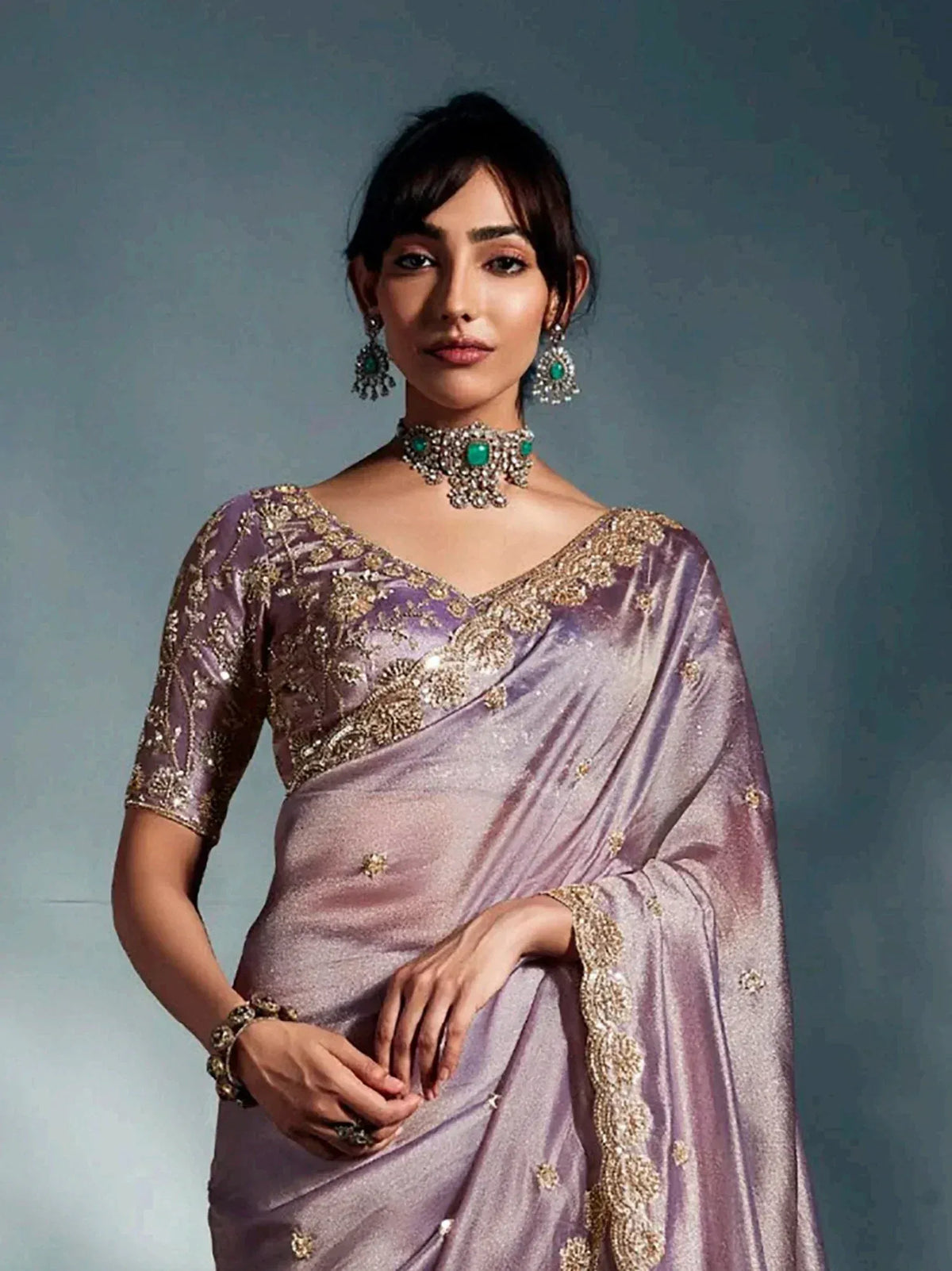 Lavender velvet saree with gold embroidery, perfect for Indian ethnic wear and festive occasions.