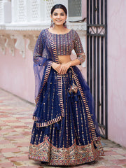 Dazzling Navy Blue Sequins Georgette Lehenga Choli With Belt
