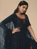 Kicky Teal Blue Embroidered Georgette Party Wear Palazzo Suit