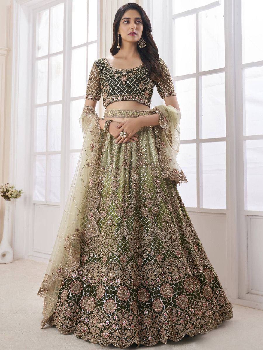 Elegant olive green designer lehenga choli with intricate gold embroidery and net dupatta, perfect for weddings.