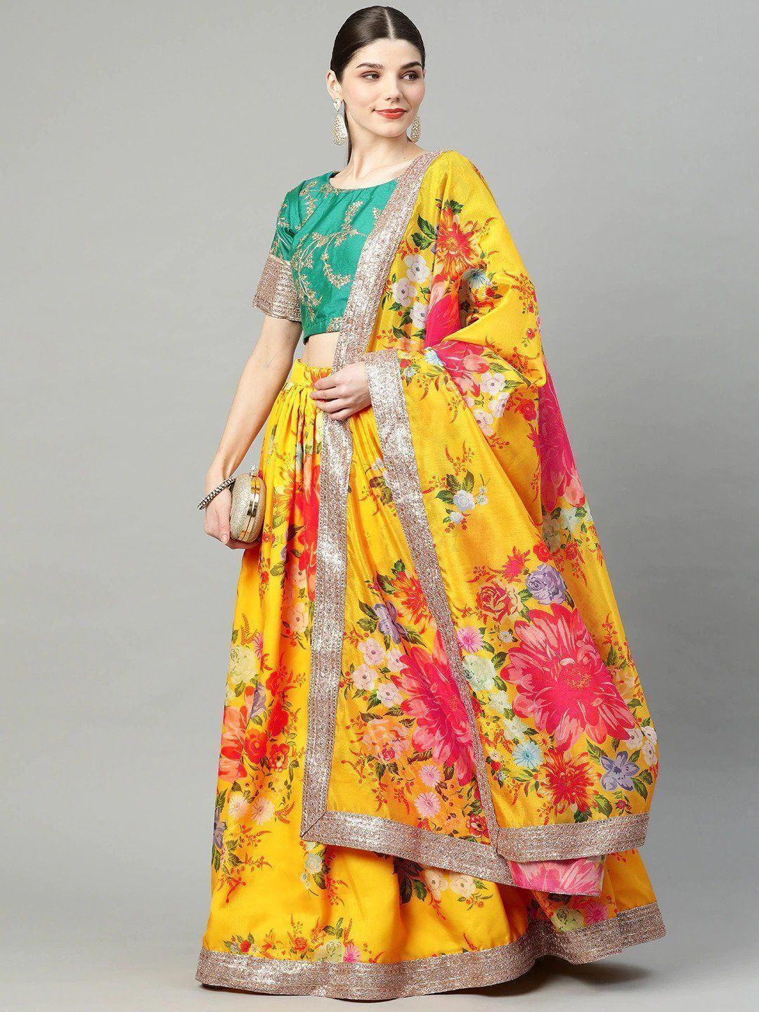 Mustard Yellow Semi-Stitched Myntra Lehenga & Unstitched Blouse with Dupatta