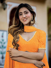 Pretty Orange Laheriya Print Georgette Wedding Lehenga Choli