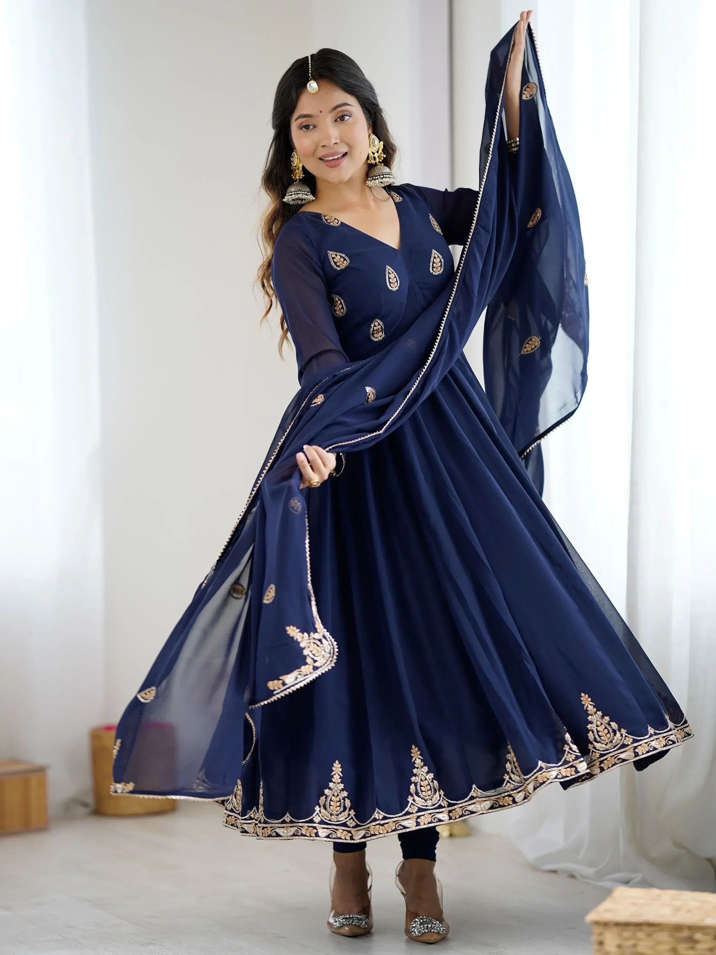 navy blue dress india Long Indian Dress With Frill Mirror Hand Work Daman www.soosi.co.in