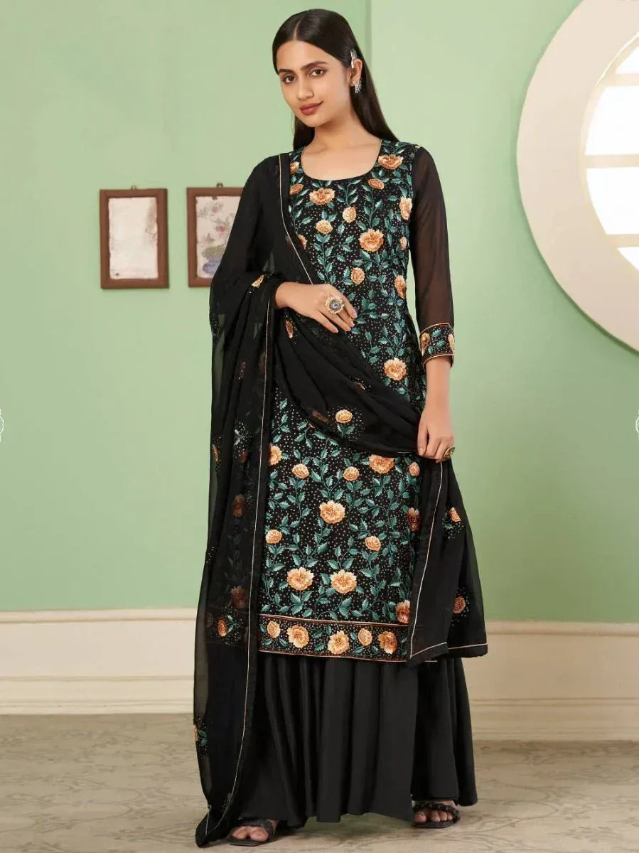 Black floral embroidered salwar kameez with sheer dupatta, Indian ethnic wear for women