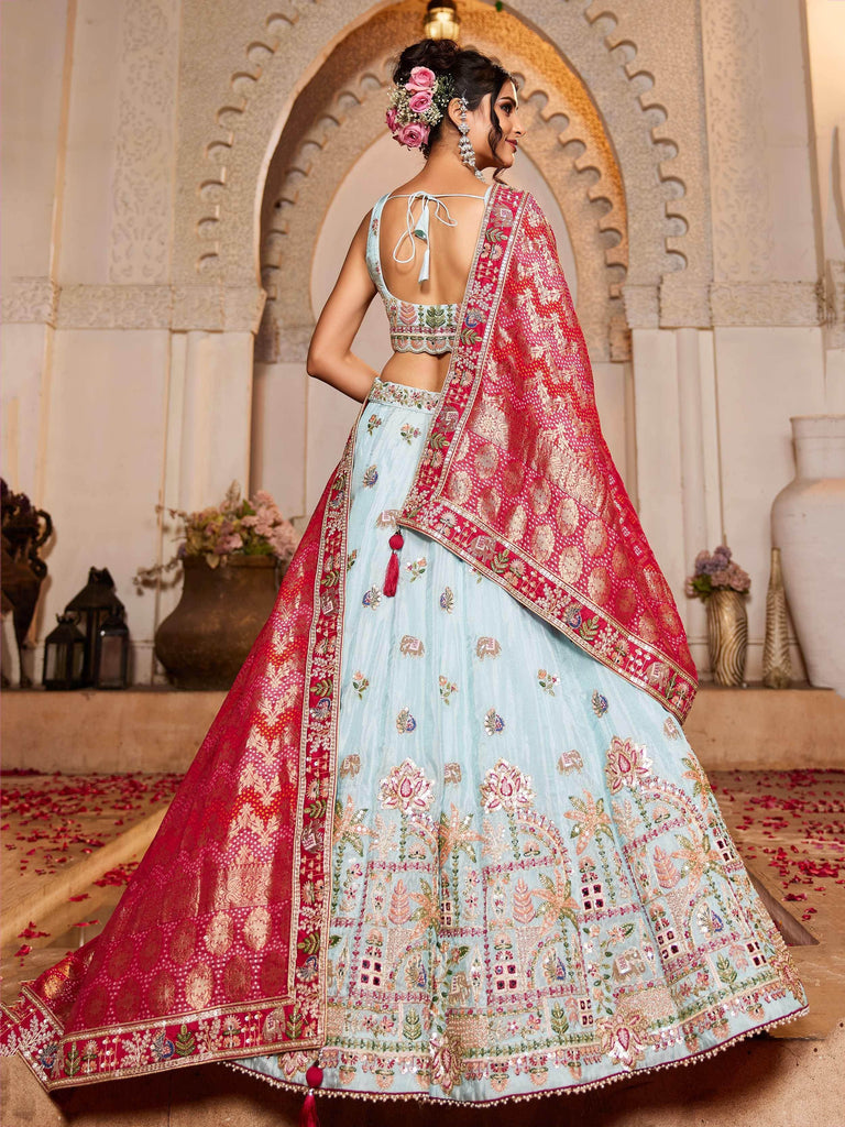 Glamorous Sky Blue Thread Embroidered Bridal Lehenga Choli