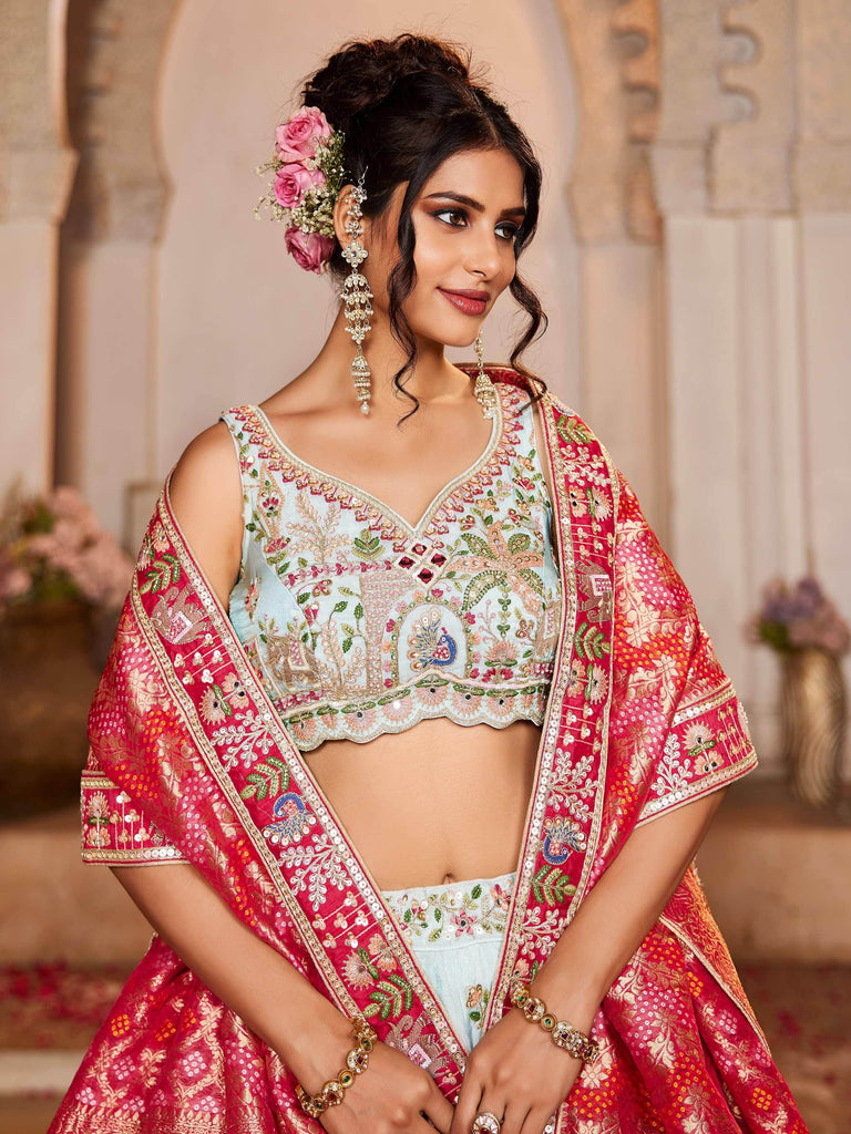 Glamorous Sky Blue Thread Embroidered Bridal Lehenga Choli