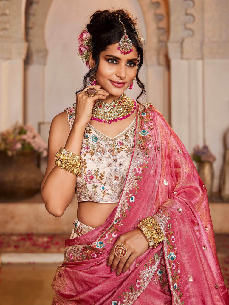 Amazing Cream Tissue Thread Embroidered Designer Lehenga Choli