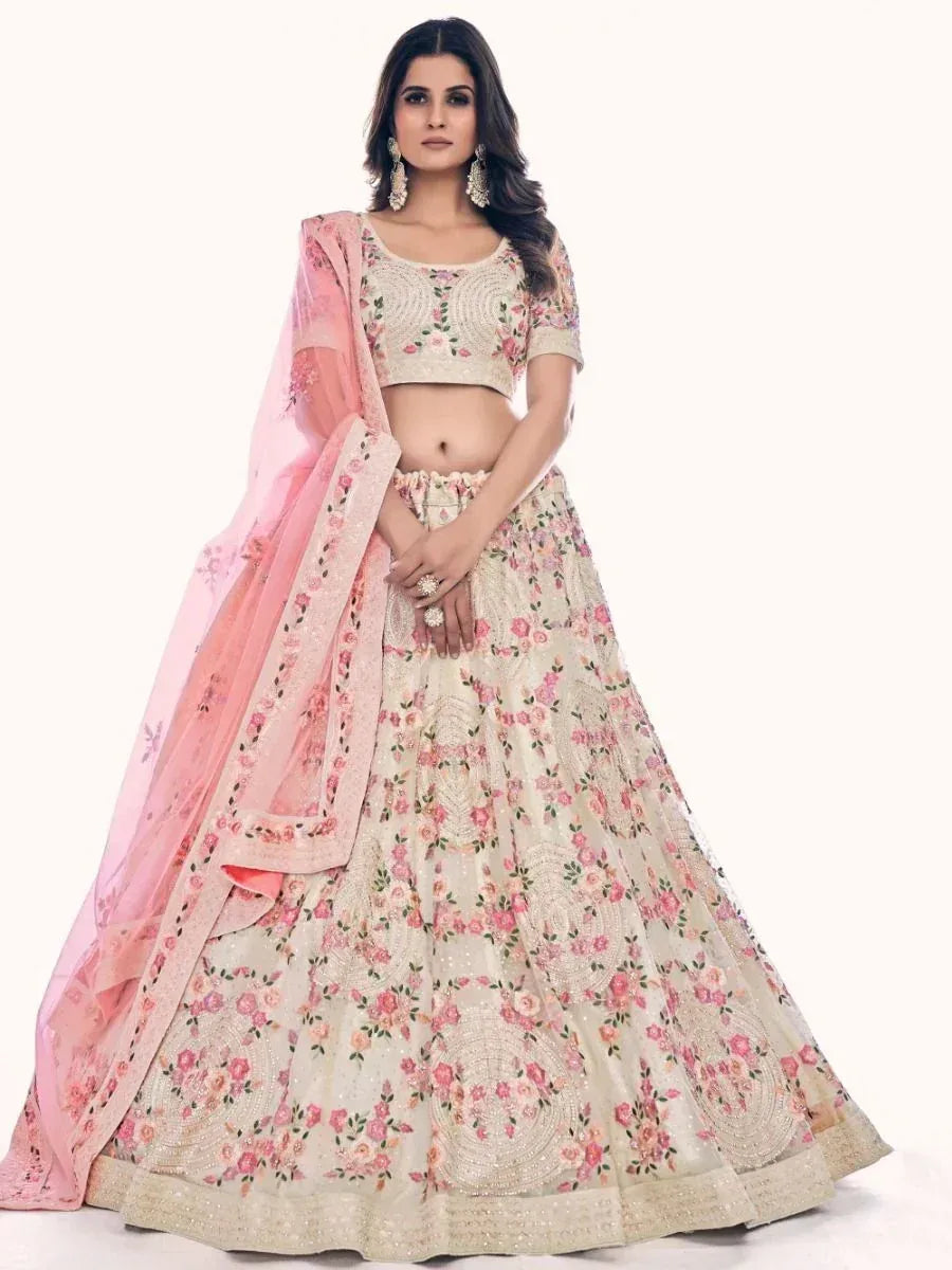 Floral embroidered lehenga choli with pink dupatta, perfect for weddings and festive occasions