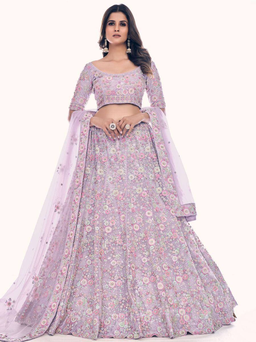 Lavender floral embroidered lehenga choli with sheer dupatta, perfect for Indian ethnic occasions