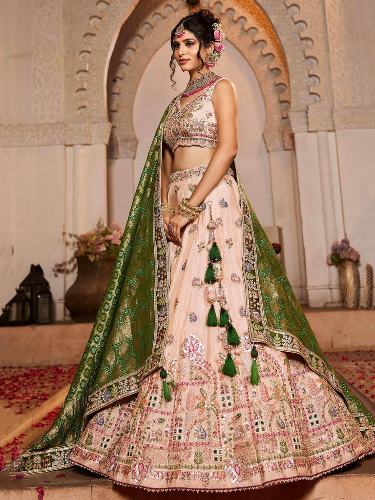 Adorning Peach Thread Embroidered Tissue Lehenga Choli With Dupatta