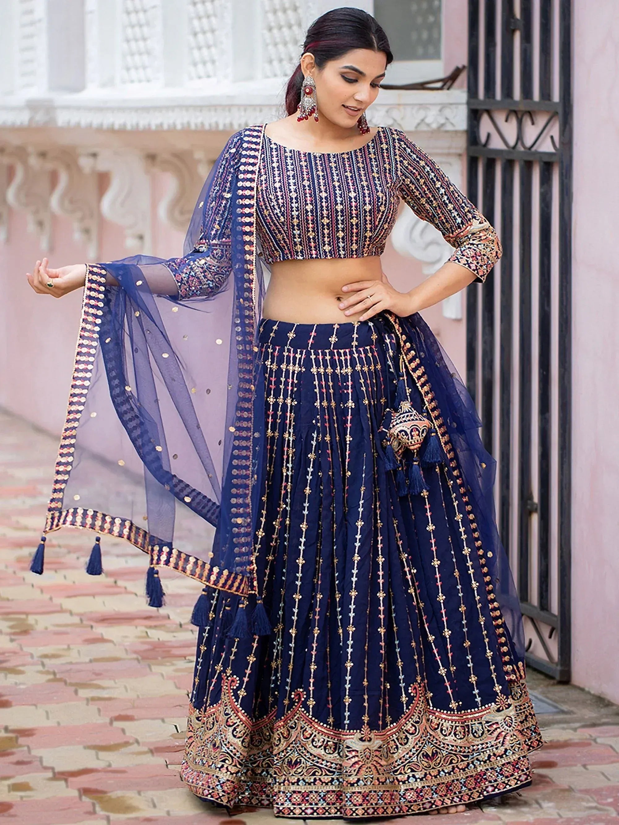 Navy blue embroidered lehenga choli with sheer dupatta, perfect for Indian ethnic occasions and weddings
